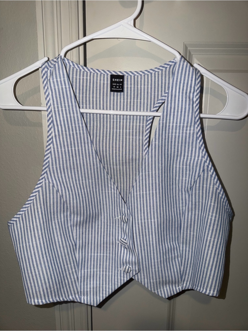 SHEIN Blue and White Striped Cropped Button Vest